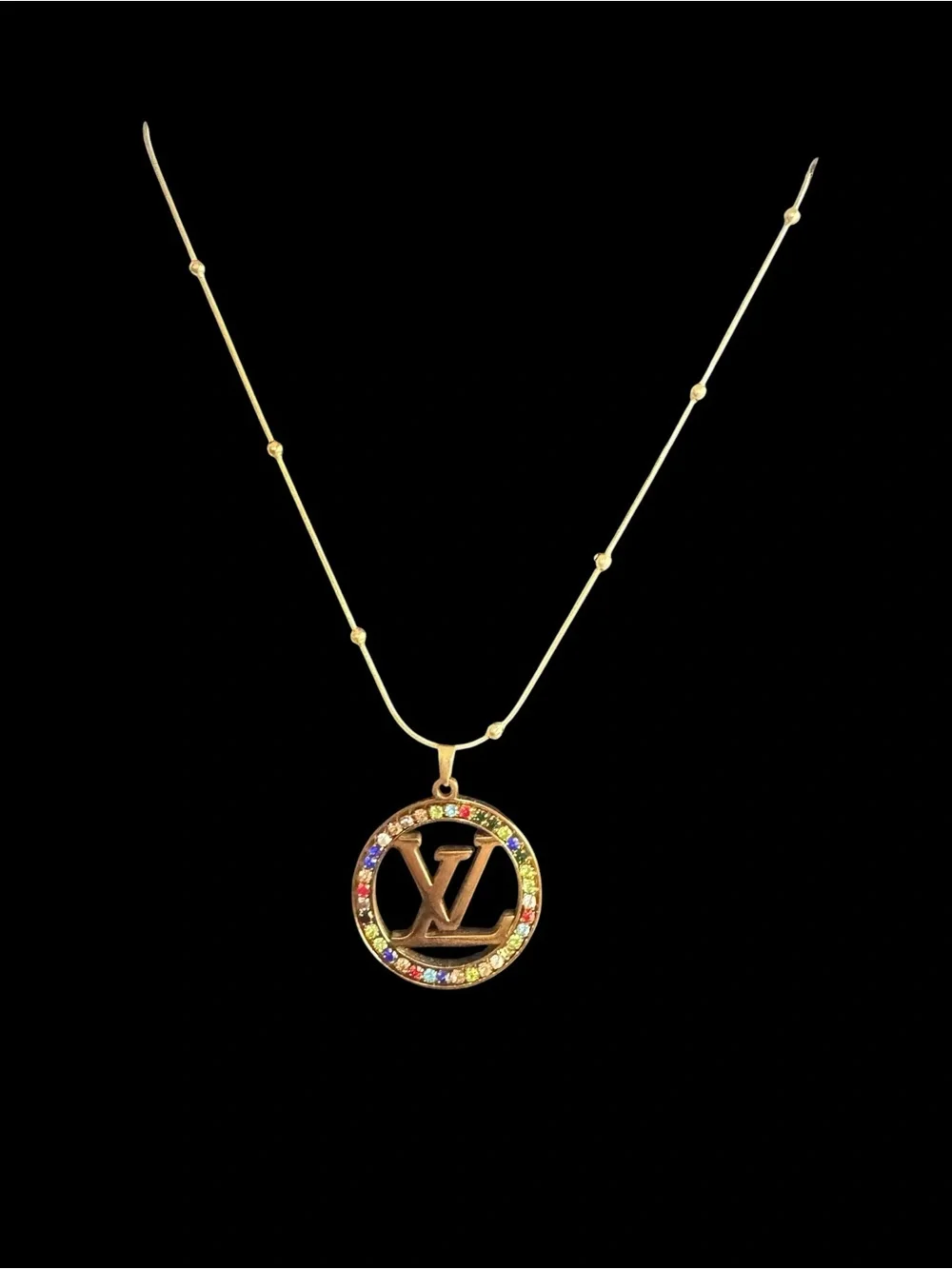 Gold-Tone Necklace with Multicolor Crystal-Trimmed Circular Pendant